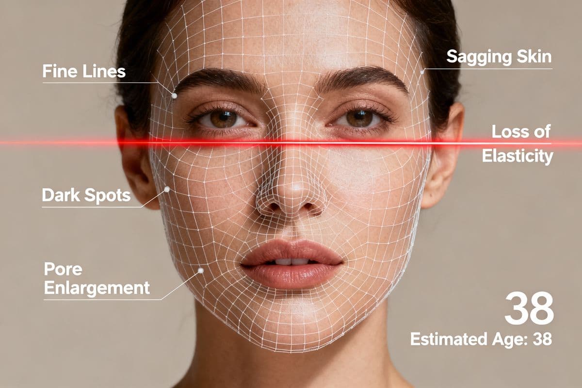 AI skin analysis highlighting fine lines, dark spots, pores and elasticity on a face